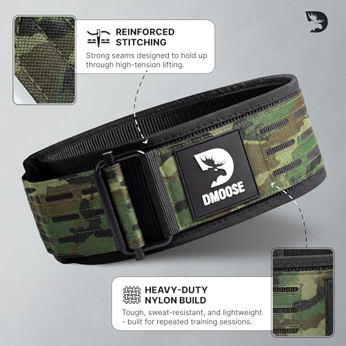 DMoose Fitness Auto Locking Weight Lifting Belt for Men & Women - 4" Nylon Squat & Deadlift Belt with Quick-Release Buckle - Gym Workout Belts for Lumbar Back Support for Weightlifting & Powerlifting - color: Green Camo, size: X-Small