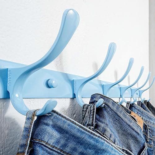 SKOLOO Heavy Duty Wall Mounted Coat Rack - 6 Hooks, Stainless Steel, Pack of 2, Sturdy Coat Hooks for Hanging Clothes, Jacket, Hat, Blue - color: Blue, size: 6 Hook(2 Pack)