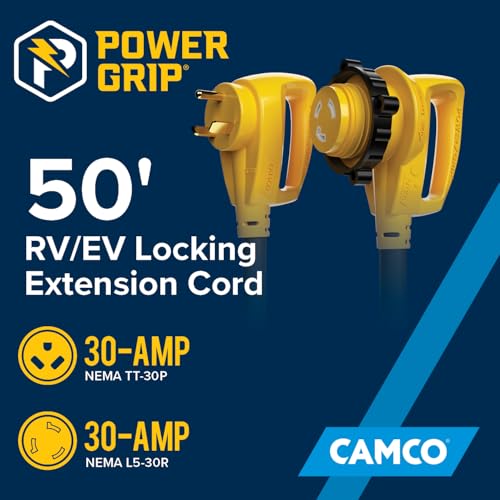 Camco Power Grip 50-Ft 30 Amp RV Extension Cord w/ 90° Heads Locking End -Features NEMA TT-30P Male & L5-30R Locking Female Connectors - Rated for 125V/3,750W - 100% Copper 10-Gauge Wire (55525) | 50 Ft, Nema Tt-30p to L5-30r Locking, 100% Copper 10 Awg,