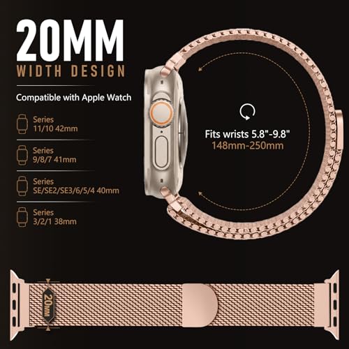 Milanese Loop Compatible with Apple Watch Band 40mm 41mm 42mm 38mm Men Women, Magnetic Buckle Strap Stainless Steel Mesh Metal Bands for iWatch Series 11 10 9 8 7 6 5 4 3 SE3/2/1 - color: 04-Rose Gold, size: 38/40/41/42mm(s10/11)