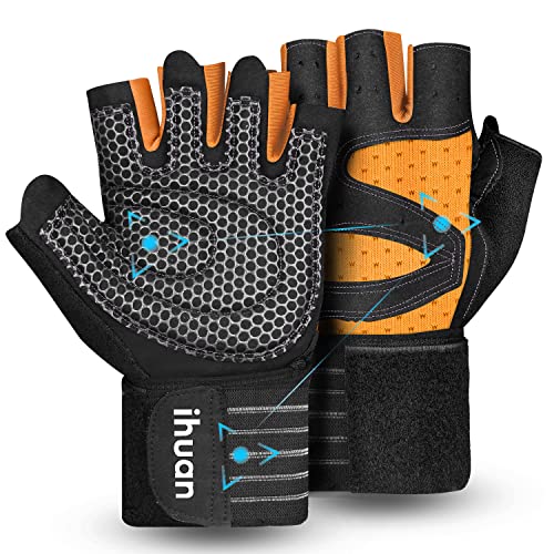 ihuan Ventilated Weight Lifting Gym Workout Gloves with Wrist Wrap Support for Men & Women, Full Palm Protection, for Weightlifting, Training, Fitness, Hanging, Pull ups - color: Orange, size: Large