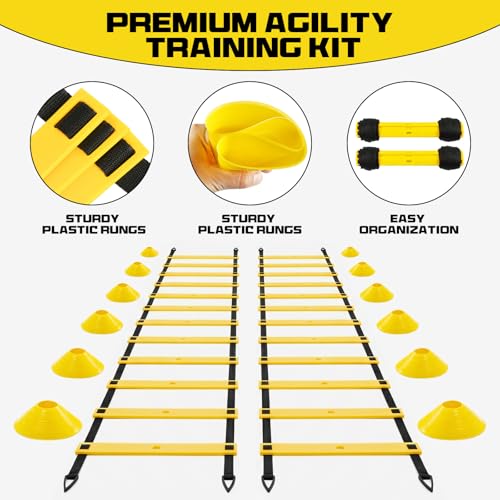 2 Pack 20ft Agility Ladder Set, 40ft Total Adjustable Speed Ladder with 12 Cones, 8 Stakes, 1 Carry Bag - Parallel Footwork Drills Gear for Football Soccer Basketball Training Equipment - color: Yellow