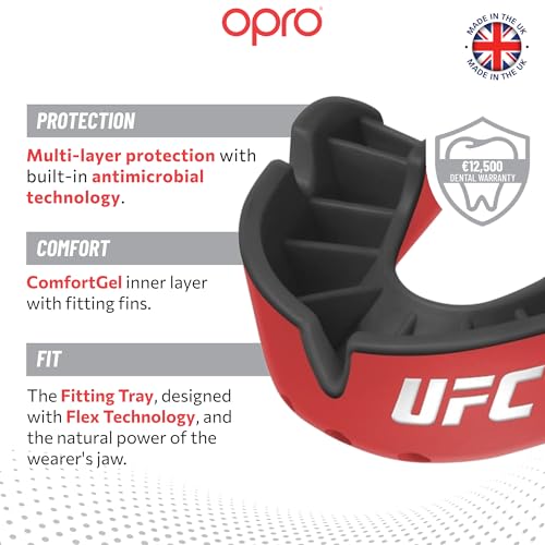 OPRO Silver Level UFC Moldable Mouth Guard Essential Fit (Red/Black) Adult & Kids Boxing Mouthguard for MMA & Impact Sports, Self-Fit Mouth Guard for Sports, Football, Hockey - Includes Case - color: Ufc - Red/Black, size: Adult (Age 10+)