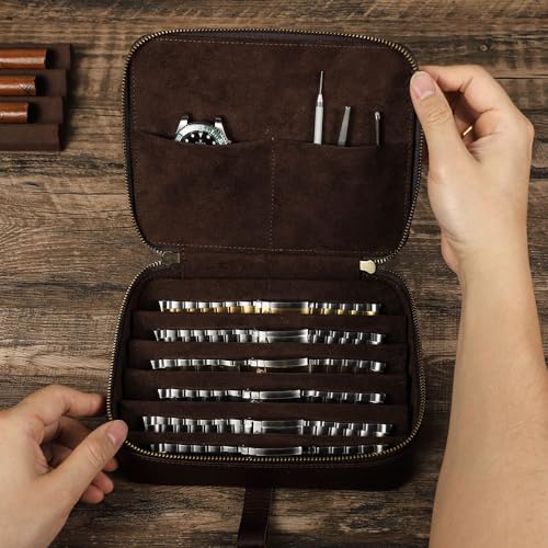 CONTACTS Full Grain Leather Watch Straps Case 6 Slot Watches Bands Travel Box with Handle Portable Watches Band Storage Organizer Bag - size: 6 Slot
