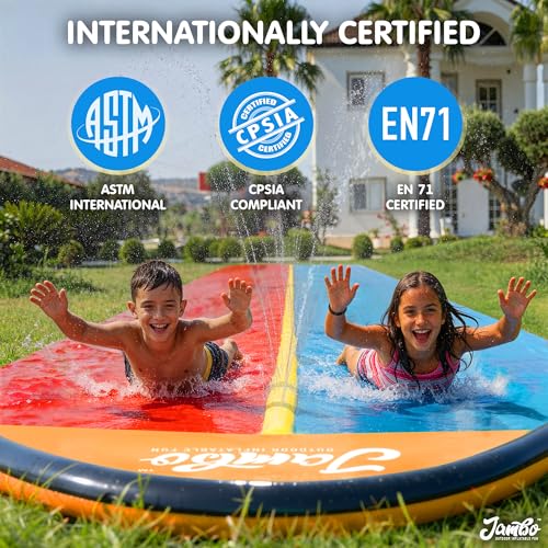 JAMBO Premium 24Ft Budget Slip Splash and Slide, Heavy Duty Water Slide with Advanced Sprinkler System, Backyard Waterslide, Splash Mat, Outdoor Water Toys n Slides for Kids - color: 24' Multicolor