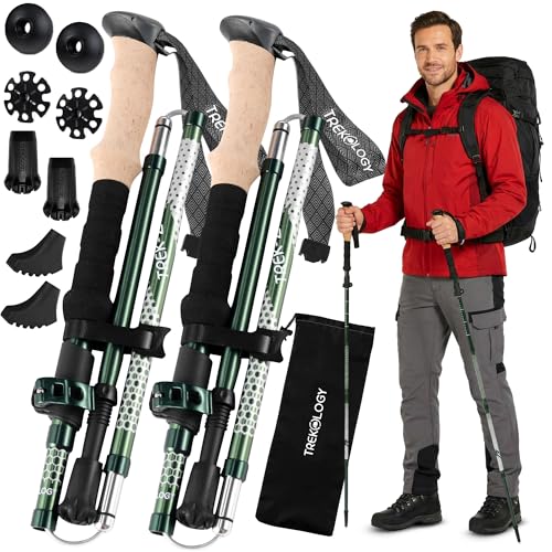 Trekology Trek-Z Collapsible Hiking & Trekking Poles - Balance Support for Seniors, Women, and Men, 2pc Per Set - color: EVA Green, size: 115–135 cm (for Height: 5’5” to 6’5”)