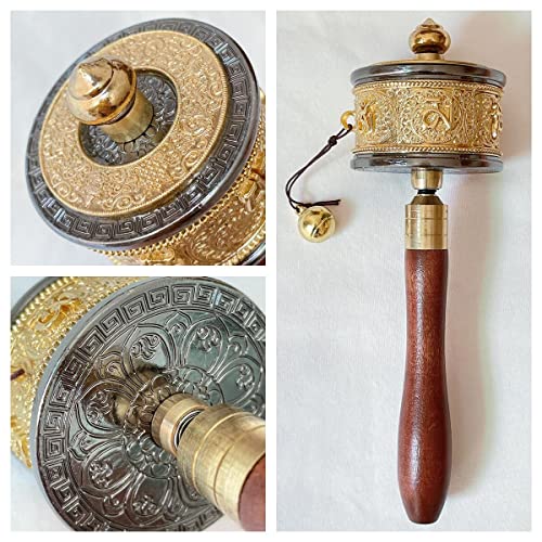 Copper Hand Held Prayer Wheel with Tibetan Buddhist Six-Character Truth Premium Buddha Scriptures, Wooden Handle Prayer Wheel for Praying, blessing, Meditation, Healing, Relaxing, Yoga