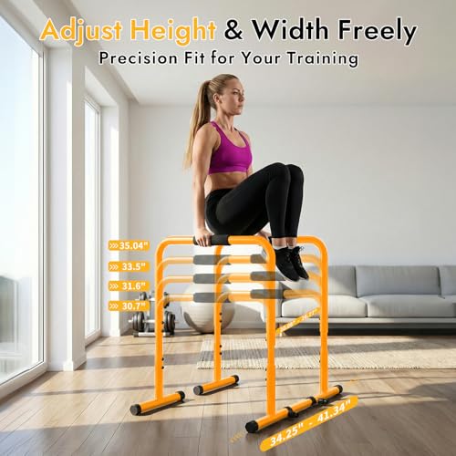 NEWBULIG Dip Bar Station, Adjustable Parallel Parallettes Bar with Soft High-Density Foam Handles, Heavy Duty Dip Stands Workout Equipment for Home, Gym, Patio, Office - color: Warm Yellow
