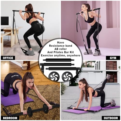 Pilates bar kit Multiple Fitness bar with Resistance Bands, Ab Rollers.Core Strength Training Equipment. Squat Machine for Men and Women.Portable Home Gym Pilates bar kit for Full Body Training Women - style: Black