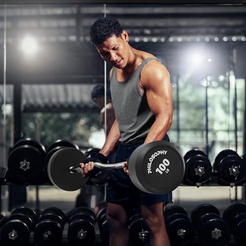 Philosophy Gym Rubber Fixed Barbell, Pre-Loaded Weight EZ Curl Bar for Strength Training & Weightlifting - style: 100 LB