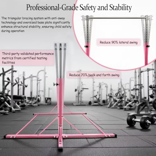Gymnastics Bar for Kids Girls Ages 3-15 with Ring for Home Indoor Training Equipment- Steady Steel Construction, Anti-Slip, Easy to Assemble, 3' to 5' Adjustable Height - color: PINK, size: 4.8FT, style: FOLDABLE BAR WITH MAT&RING