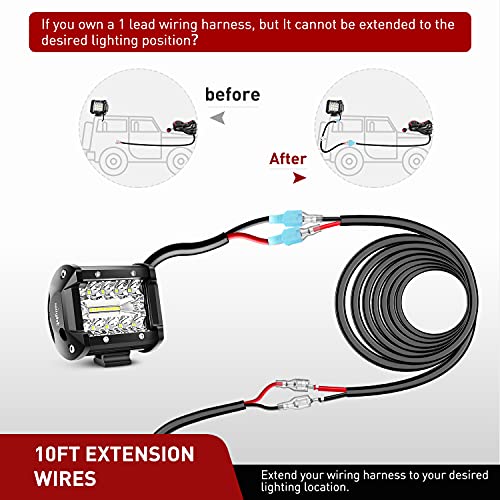 Nilight 16AWG 10Feet Wiring Harness Extension for 6Modes Amber White Light Bar Strobe Play and Plug 3-Wires, 2 Years Warranty, Black, 2PCS - size: 14AWG -10FT 1Pc