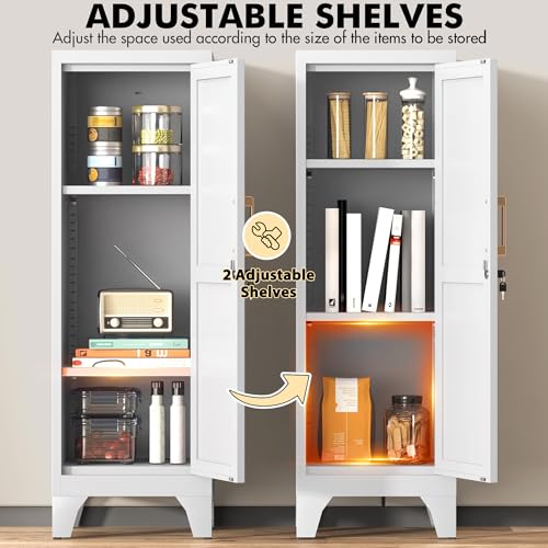 46" H Metal Locker Cabinet, Small Locker with Door and 2 Adjustable Shelf | Locker Cabinet with Adjustable Leveling Feet for Home, Bedroom, Office,Gym Assembly Required - color: 46" H White
