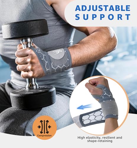HiRui Upgraded 3D Knit Breathable Wrist Brace Wrist Wrap, Extended Length Adjustable Compression Strap, Elastic Support for Wrist Pain Relief, Carpal Tunnel, Sports, Gym & Daily Use (2, Gray) - color: Gray
