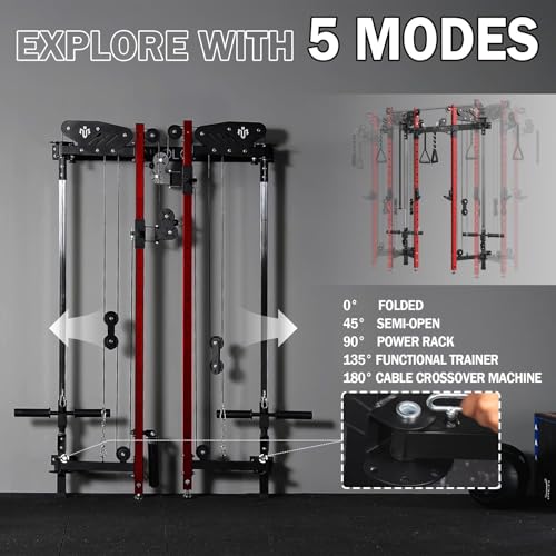 Mikolo Folding Squat Rack, Wall Mounted Power Rack with Cable Crossover Machine & LAT Pull Down, Functional Trainer with 5 Adjustable Function Modes, Home Gym Package - color: Red, size: WR00 Package (BP 230LB & Bar & Bench)