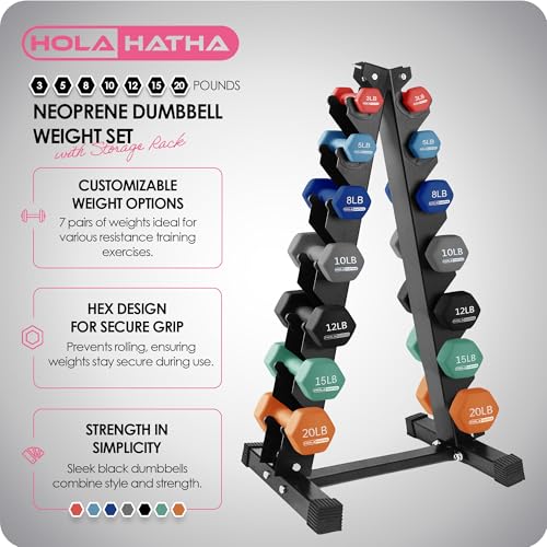 HolaHatha 1, 2 and 3 lb Neoprene Dumbbell Strength Training Weight Set with Rack - color: Blue/Red, size: 146 LB