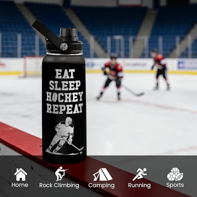 SANDJEST Ice Hockey Insulated Engraved Stainless Steel Water Bottle 32oz, Vacuum Chug Lid Travel Tumbler For Men Friends Hockey Lovers Fans Coaches,Birthday Christmas - color: Ice Hockey
