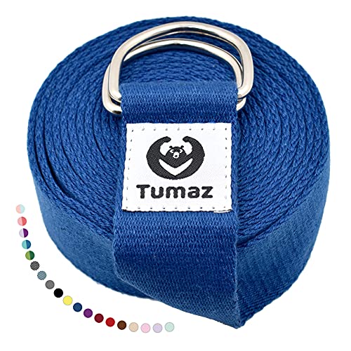 Tumaz Yoga Strap for Stretching with Adjustable D-Ring, 6/8/10 ft | Adjustable D-Ring | Soft Cotton Blend | 15+ Colors | Non-Elastic Yoga Belt for Pilates Stretching & Physical Therapy - color: 10. Classic Blue, size: 8 Feet (with Storage Band)