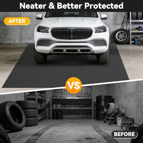 Grandroad auto 8x25 FT Garage Floor Mat, 2.8mm Thickened Flooring Roll for Under Car Diamond Plate PVC Rubber Mat with 20 Pcs Tapes, Non-Slip Floor Mat for Garage, Warehouse, Gyms, Trailer, Black - color: Black, size: 8×25FT