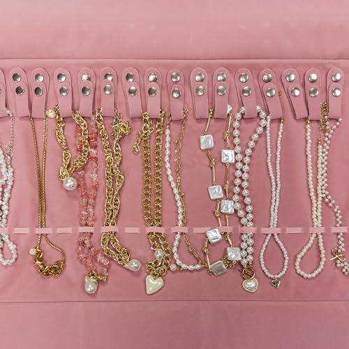 UnionPlus Velvet Travel Jewelry Roll Bag Organizer for Necklace, Elastic Band and Anti-winding, Blush Pink - color: Blush Pink, size: Medium