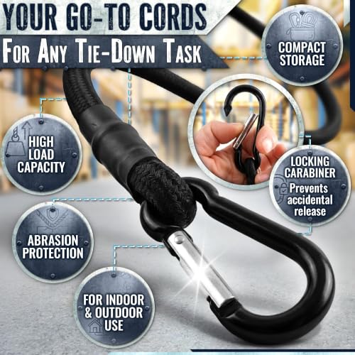 Bungee Cords with Carabiner Hooks Heavy Duty, 24", 200 Lbs Load, 4 Pcs | Elastic Tie Down Straps, Rubber & Latex, Anti-Rust Steel Hooks, 2X Stretch, Waterproof, UV Resistant; Camping, Tarps & Car - size: 24 Inch (Pack of 4)