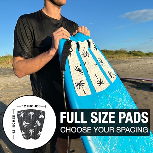 Ho Stevie! Premium Surfboard Traction Pad - Foot Won't Slip - 3 Piece, Full Size, Maximum Grip, Strongest 3M Adhesive - color: White with Black Palm Trees