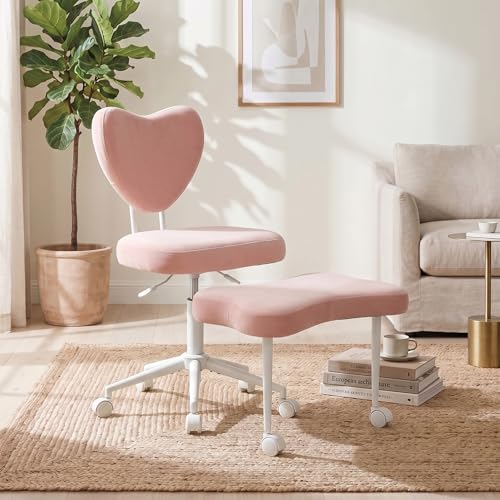 Cross Legged Office Chair with Wheels, 360 Swivel Height-Adjustable Meditation Chair with Lumbar Support, Pink - color: Pink, size: Heart Back with Rectangular Cushion
