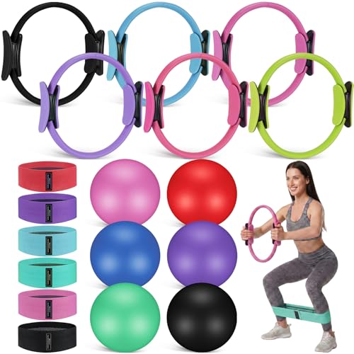 Seenelling 18 Pcs Pilates Ring and Ball Set with Resistance Bands Home Workout Pilates Equipment 11.8 Inch Magic Circle with Padded Handles, Mini Ball for Strength, Toning and Flexibility - color: Multicolor
