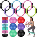 Seenelling 18 Pcs Pilates Ring and Ball Set with Resistance Bands Home Workout Pilates Equipment 11.8 Inch Magic Circle with Padded Handles, Mini Ball for Strength, Toning and Flexibility - color: Multicolor
