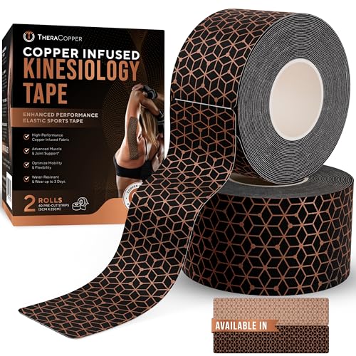 TheraCopper Copper Infused Kinesiology Tape – 2 Rolls (40 Precut Strips) – Advanced Waterproof Kinesiology Tape for Shoulder, Elbow, Bowling Wrist, Weightlifting, Muscle Strain & Joint Support (Black) - color: Black