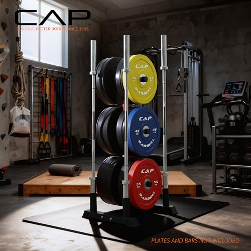 CAP Barbell Olympic Bumper Plate Tree Rack with Weight Plate Posts and Barbell Storage Holders – Multiple Options – Heavy-Duty Steel Gym Organizer for Olympic Plates and Bars