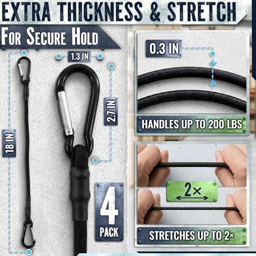Bungee Cords with Carabiner Hooks Heavy Duty, 18", 200 Lbs Load, 4 Pcs | Elastic Tie Down Straps, Rubber & Latex, Anti-Rust Steel Hooks, 2X Stretch, Waterproof, UV Resistant; Camping, Tarps & Car - size: 18 Inch (Pack of 4)
