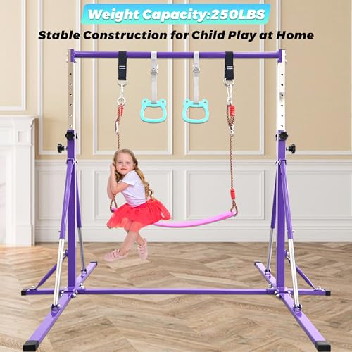 FC FUNCHEER Foldable Gymnastics Bar,5FT Horizontal bar,Adjustable Kids Training bar for Kids Ages 3-15,Kids Gymnastics bar,Triangle Stable Structure-Gym Equipment for Home - color: Purple, style: Bar-Swing-Rings