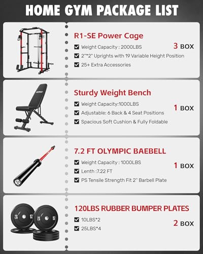 RH01 Power Cage Rack, 2000LBS Squat Rack with with Cable Crossover System&LAT Pull Down System, Multi-Function Workout Cage for Home&Garage Gym - color: Red-SE, size: RH01 Power Cage with 120LB Weights