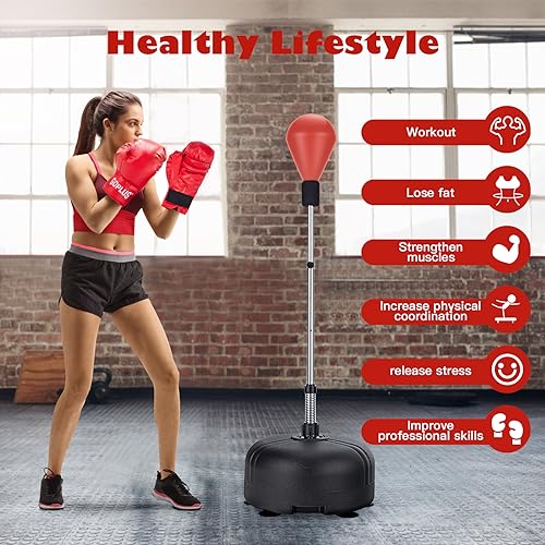 Goplus Punching Bag with Stand for Adults, Freestanding Reflex Speed Bags with 55’’-62.5’’ Adjustable Height, Boxing Equipment with Gloves for Home Gym Workout MMA Training, Fitness - color: Red+Black