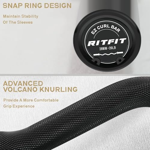 RitFit 2 Inch EZ Curl Bar with Weights, 350LBS Weight Capacity Olympic Curl Barbell for Bicep, Tricep and Weight Lifting Exercises - style: Black (with 85LB Weights and Collar)