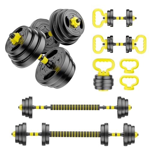 Adjustable Dumbbell Set, 10-90lbs Free Weights with Connector – 4 in 1 Dumbbells, Barbell, Kettlebell & Push Up Stand, Adjustable Weights Set for Home Gym Fitness Equipment for Men & Women - color: Yellow 45lbs (22.5lbs*2)