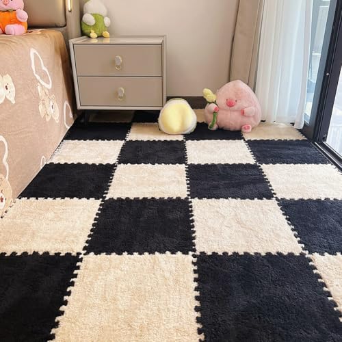 12pcs Carpet Squares Puzzle Floor Mat, Plush Interlocking Carpet Tiles, Anti Slip EVA Foam Jigsaw Floor Tiles, Build A Safe Area for Bedroom Playroom (Beige+Black) - color: Beige+black