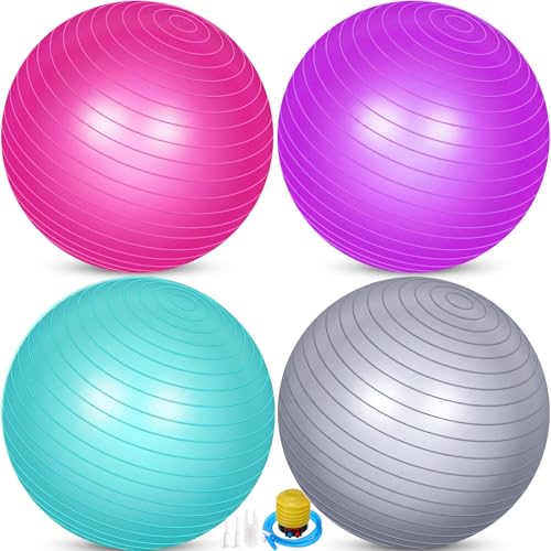 Leyndo 4 Pcs 26 Inch Yoga Exercise Ball Pilates Pregnancy Birthing Fitness Ball with Quick Pump Anti Burst for Improved Posture, Balance, Yoga, Pilates, Training - color: Pink Green Gray Set