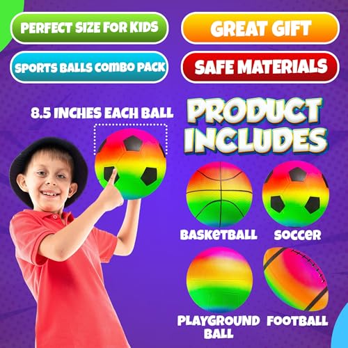 Rainbow Sports Balls for Kids & Toddlers - (Pack of 4) 8.5-Inch Neon Sport Ball Set Includes Football, Soccer, Basketball, & Playground Balls, Toy Balls for Indoor/Outdoor - color: Rainbow, size: 8.5 Inch