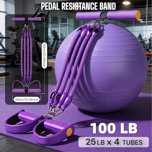 Upgraded Pedal Resistance Band with 4x25 lbs Resistance Tubes Multifunction Home Gym Workout Equipment for Sit Up & Calves Back ABS Leg Hip Arm Exercise - color: Purple