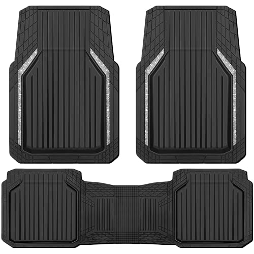 CAR PASS Glitter Heavy Duty Rubber Floor Mats for Car, Waterproof Liner Deep Dish Bling Car Mats Full Sets, Universal Trim to Fit for SUV Truck Sedans Vans, All Weather Floor Mats, Silver Sparkly - color: Bling Black Silver