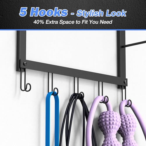 Yoga Mat Holder Wall Mount for Home Gym Accessories Storage | Yoga Mat Storage Rack & Organizer with Metal Shelf and 5 Hooks for Strap, Resistance Bands - Space Saving Gym Accessories