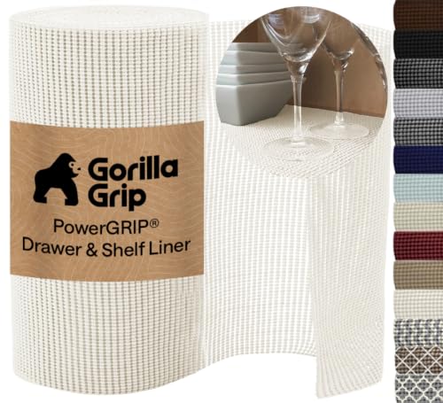GORILLA GRIP powerGRIP Drawer Shelf and Cabinet Liner, Thick Strong Hold, Non-Adhesive Liners Protect Kitchen Cabinets and Cupboard, Bathroom Drawers, Easy Install, Breathable Mat, 12" x10' Snow White - color: Snow White, size: 12" X 10', style: 12" x 10'