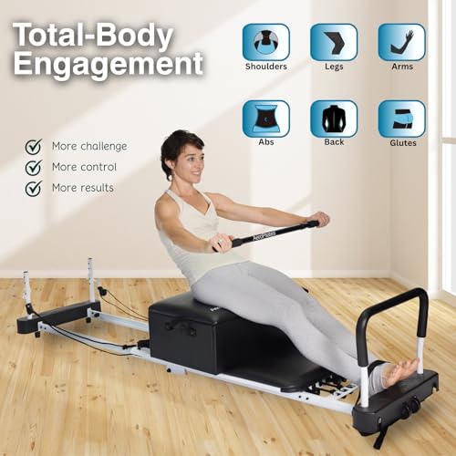 AeroPilates Reformer Box & Pole Set - Premium Pilates Sitting Box | Universal Pilates machine fit, solid wood padded box with handles, adjustable steel balance pole, foot strap, workout video