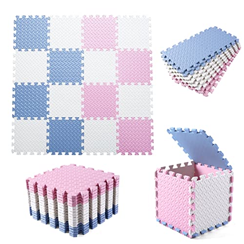 16Pcs Foam Play Mat, EVA Soft Interlocking Floor Mats, Solid Colored Foam Puzzled Floor Mats, Baby Play Mat Exercise Mats with Storage Bag(White/Pink/Gray Blue) - color: White/Pink/Light Blue, size: 16 Pcs/47.2*47.2