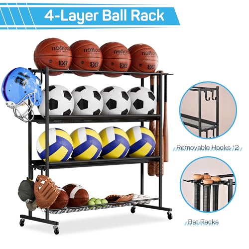 Mythinglogic Basketball Rack, Ball Storage with Baseball Bat Holder, Rolling Ball rack with Removable Nylon Mesh for Various Ball Sizes, Basketball Holder for Football Basketball Soccer Ball | Holds up to 12 sports balls with 2 removable nylon mesh shelve