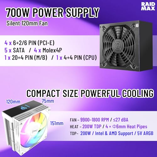 Raidmax i802 Vibe Series ATX Mid Tower Gaming Case Bundle – Tempered Glass Side Panel, Includes 700W 80+ Power Supply, AM1204 Digital Display Air Cooler, and 5 Pre-Installed FRGB Fans (White) - color: White