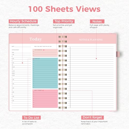 Oucaru Undated Daily Planner, A5 Spiral Notebook with Hourly Schedule, To Do List, Priorities, and Notes for Productivity - Easily Organize Your Tasks, Appointments & Goals for Women - size: A5-Pink, style: Daily Planner