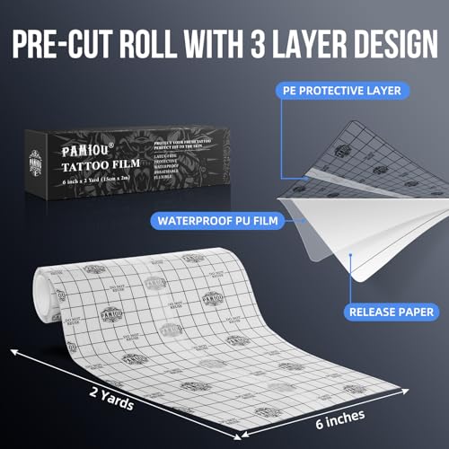 Pamiou Second Skin Tattoo Cover - 6 Inches x 2 Yards Tattoo Aftercare Bandage | Breathable, Waterproof, Transparent, Latex-Free Film, Matte Finish
